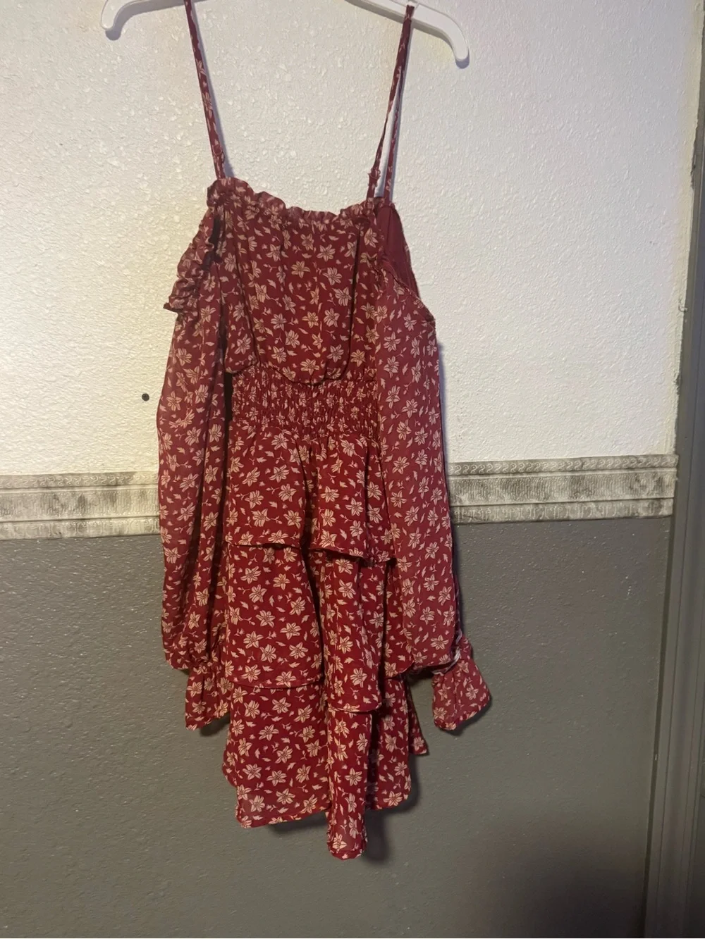 Justify Burgundy Floral Tiered Off-Shoulder Dress